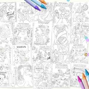 May include: A selection of black and white colouring pages featuring characters and scenes from Disney's The Little Mermaid. The pages include text such as "Thank You" and "Happy Birthday Madison", along with the number "3". Crayons are visible.