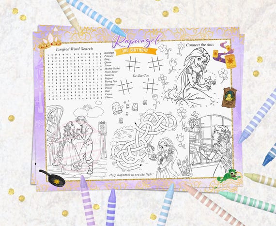 Tangled Rapunzel Party Favors Activity Placemat, Coloring Sheet