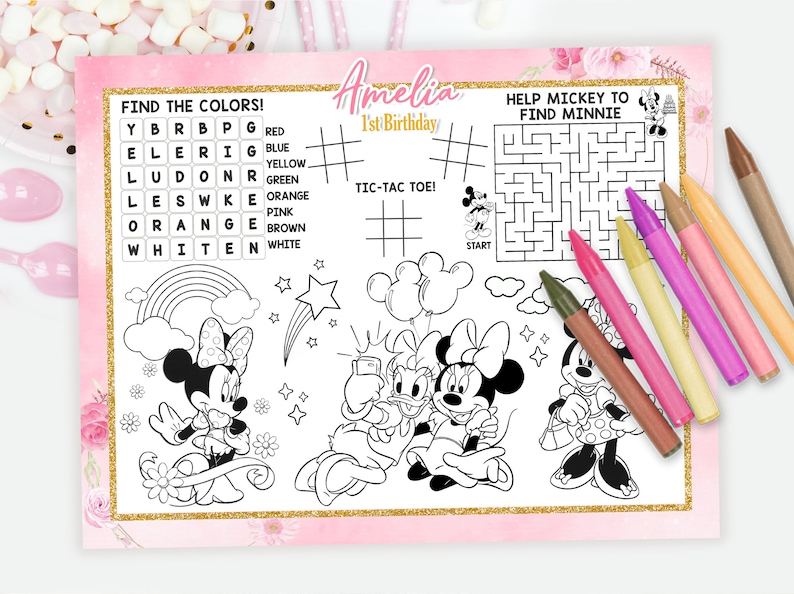 Minnie Mouse Pink Activity Placemat, Minnie Mouse Pink Placemat, Minnie Mouse Pink Coloring Sheet, DIGITAL FILE ONLY 0022 image 1