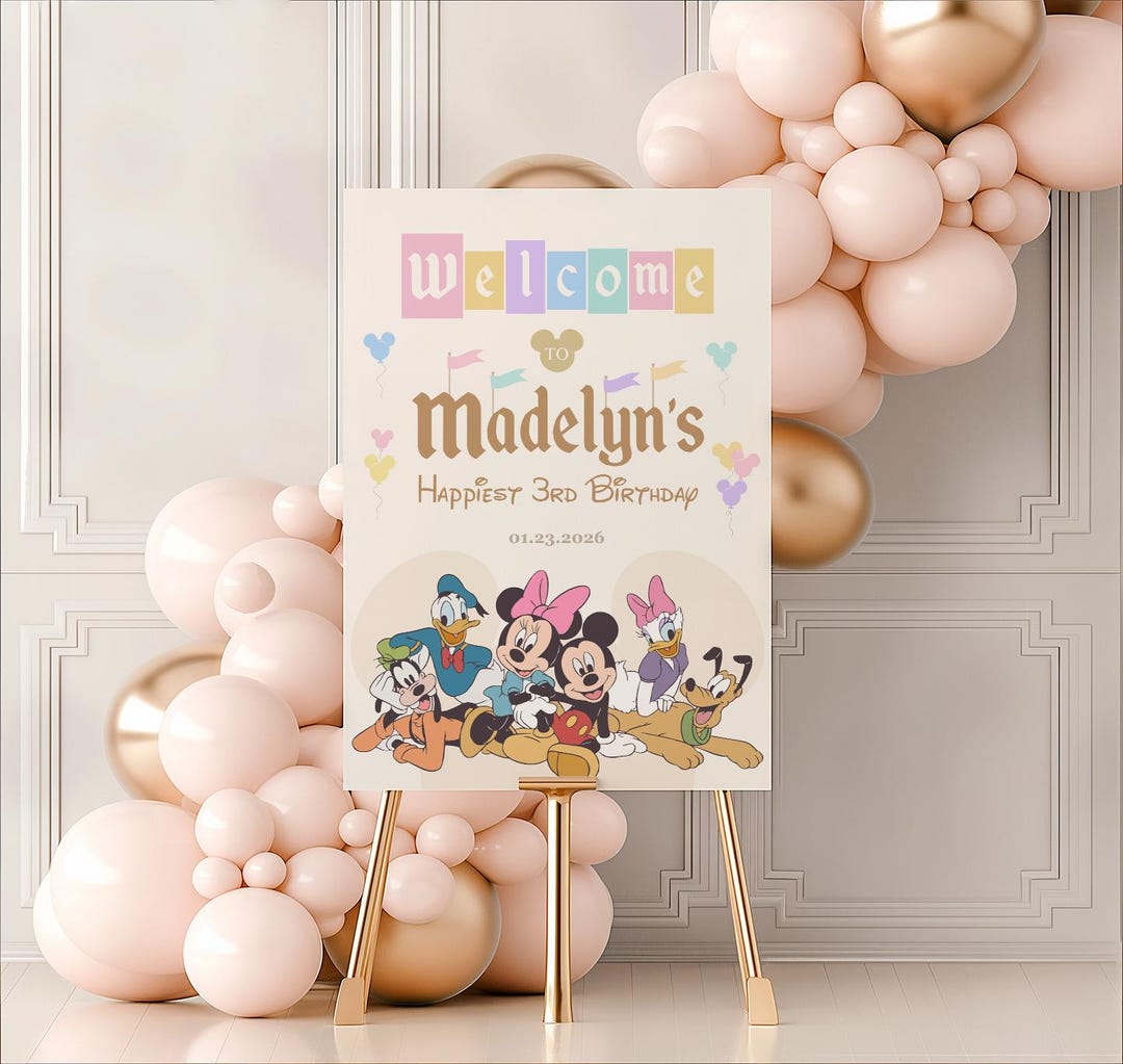 ディズニーランドの誕生日パーティーの看板、ミッキーと仲間たちの