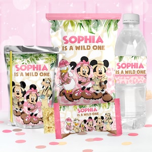 Modello per bomboniere rosa Mouse Safari, etichetta per sacchetto di patatine rosa Mouse Safari, involucro per bottiglia rosa Mouse Safari, 0023