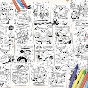 Könnte beinhalten: Eine Sammlung von Schwarz-Weiß-Malvorlagen mit Cartoon-Autos, Lastwagen und anderen Fahrzeugen. Jede Seite enthält den Namen "Matthew" und die Zahl "2", einige Seiten auch "Happy Birthday" und "Turns Two". Buntstifte sind verstreut.