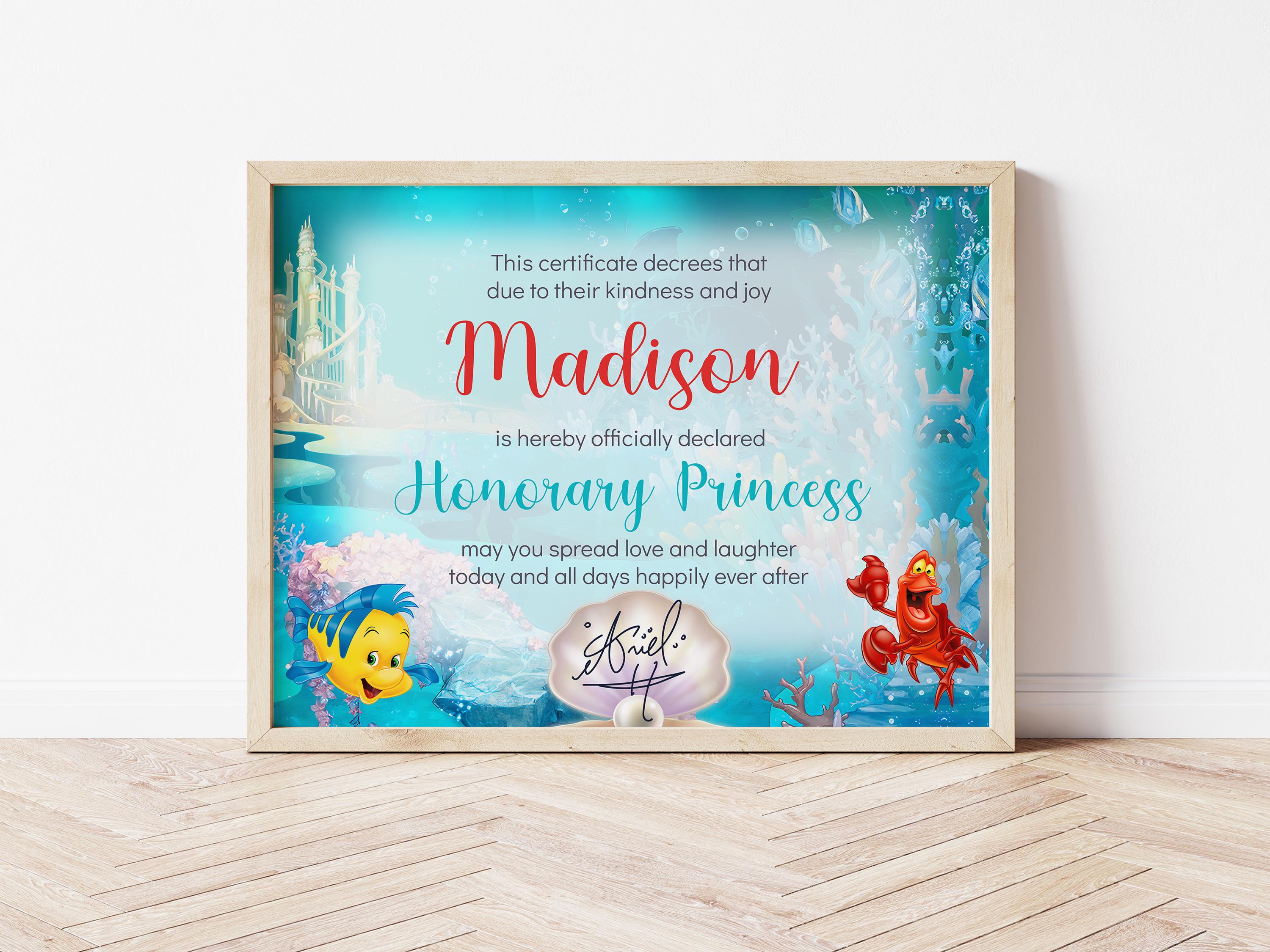 Little Mermaid Party Favors, Princess Ariel Honorary Certificate