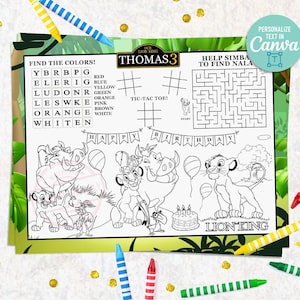 May include: A black and white printable activity sheet featuring Lion King characters, a word search, tic-tac-toe, a maze, and a Happy Birthday banner. The text includes Thomas 3, Find the Colors, and Lion King. Colourful crayons surround the sheet.