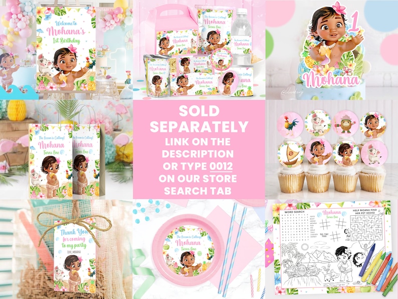 K&ouml;nnte beinhalten: Ein Set an Moana-Partyartikeln, darunter ein Willkommenszeichen, Geschenkt&uuml;ten, Cupcake-Topper, ein Teller, eine Malvorlage und ein Wasserflaschenetikett. Die Artikel sind rosa und blau mit Bildern von Moana und anderen Figuren aus dem Film.