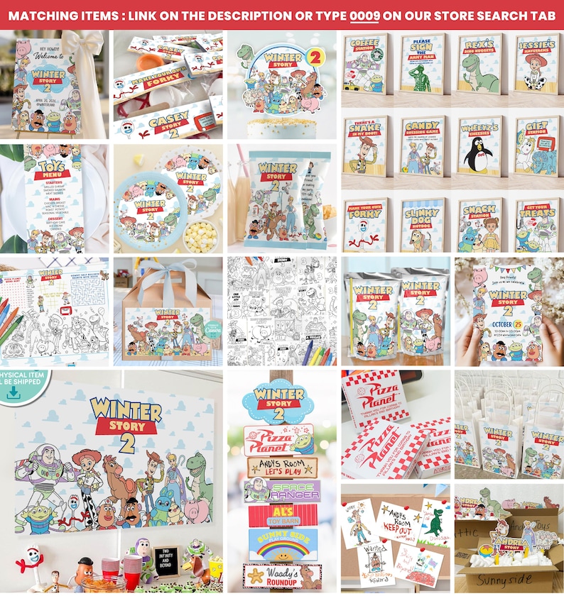 K&ouml;nnte beinhalten: Eine Sammlung von Partyartikeln und Dekorationen mit Charakteren aus dem "Toy Story"-Franchise. Artikel umfassen Einladungen, Gastgeschenkt&uuml;ten, Schilder und Malvorlagen. Die Farbpalette umfasst Blau, Rot und Gelb.