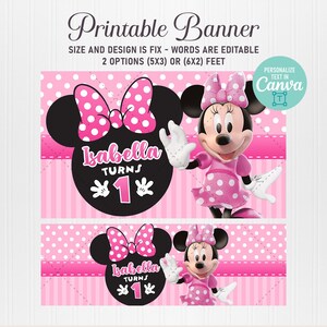 Op de afbeelding: Een roze en witte bedrukbare banner met Minnie Mouse. De banner bevat de tekst "Isabella Turns 1" en de mogelijkheid om tekst in Canva te personaliseren. Het ontwerp is beschikbaar in 1,52m x 0,91m of 1,83m x 0,61m.