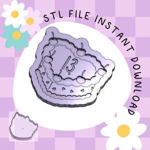 May include: A purple 3D printed cake with a number 13 on top. The cake has a scalloped edge and is decorated with hearts and cherries. The text "STL FILE INSTANT DOWNLOAD" is in the background.