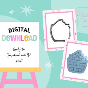 Op de afbeelding: Digitale download-afbeelding met de woorden "Digital Download" in kleurrijke letters. De afbeelding bevat een roze ezel met een bord met de tekst "Ready to Download and 3D print". Er worden ook twee uitgesneden ontwerpen getoond.