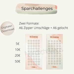 Download savings challenge suitable for envelope method, A6 zipper envelopes, two formats, 4 challenges