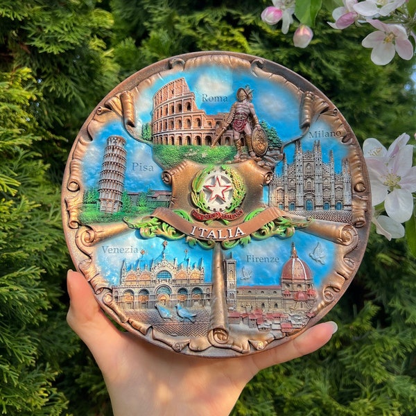 Italy Plate / Hand painted hanging 3D poly ceramic decorative souvenir wall plate Italy landmarks 20 cm limited edition