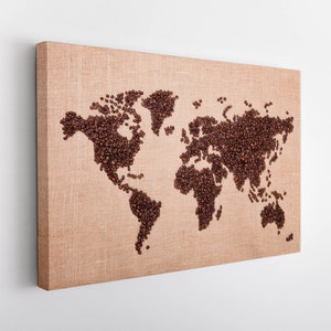 World Map From Coffee Beans Canvas Print, World Map Wall Art, Kitchen Wall Decor, World Map Canvas Art