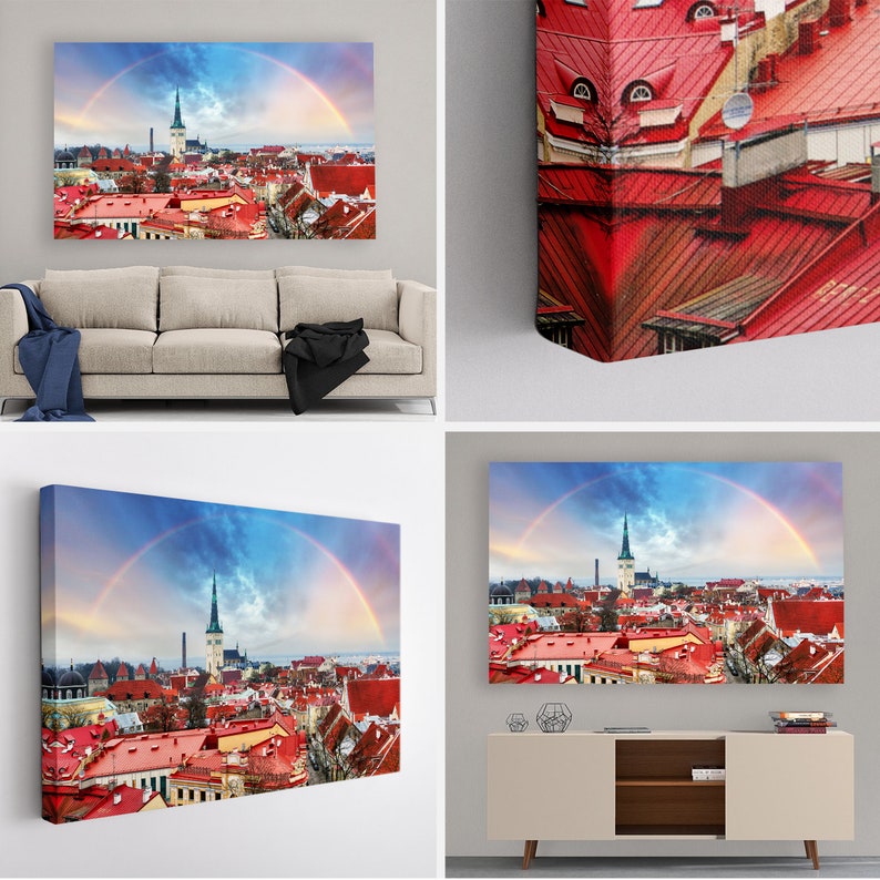 May include: A panoramic view of a city skyline with red rooftops and a tall church steeple. A rainbow arches over the city, creating a colorful and picturesque scene.