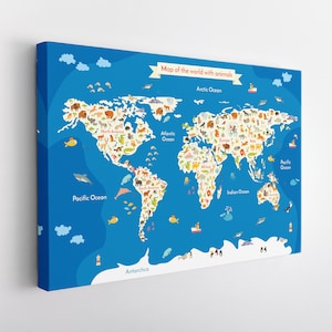 Kinderen Wereldkaart Canvas Print, Wereldkaart Kunst aan de Muur, Kinderkamer Wanddecoratie, Wereldkaart Canvas Kunst