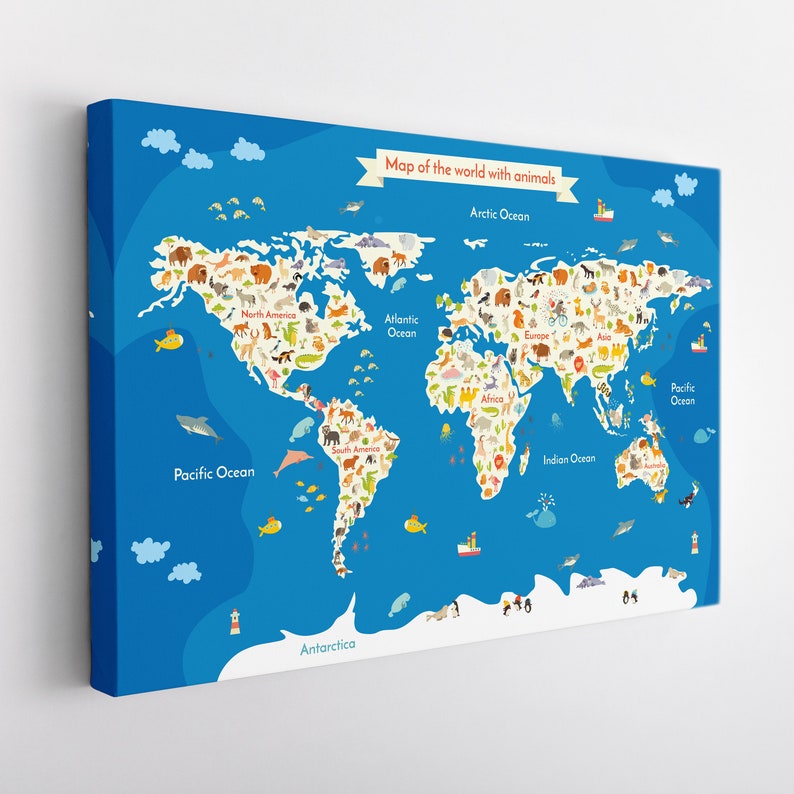Children World Map Canvas Print, World Map Wall Art, Kids Room Wall