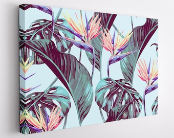 Paradiesvogel Blume Leinwanddruck, Tropische Wandkunst, Abstrakte tropische Leinwandkunst