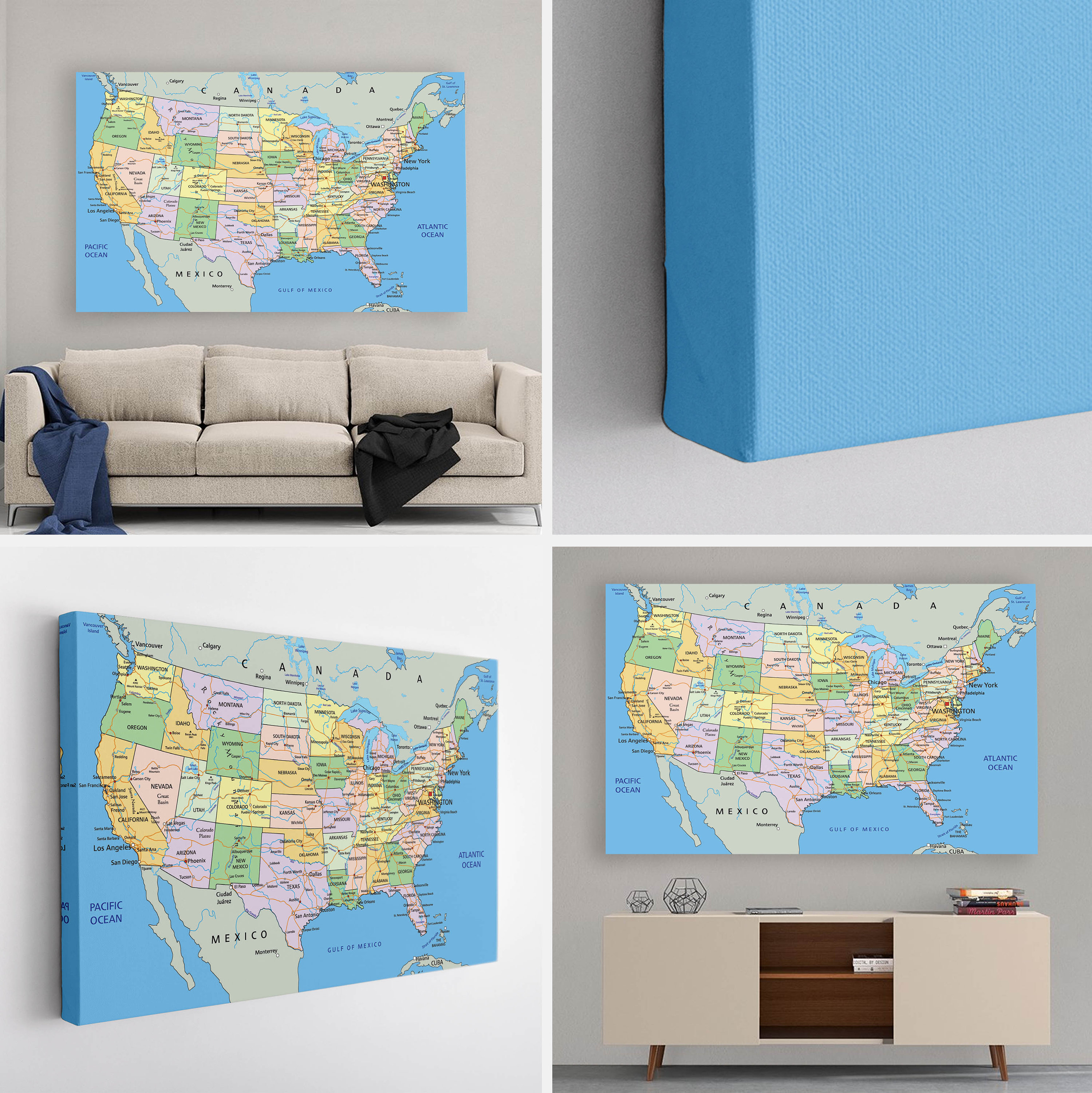 Detailed USA Map Canvas Print, USA Map Wall Art, USA Map Canvas Art Etsy