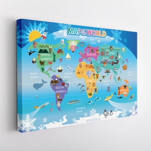 Kids Wereldkaart Canvas Print, Wereldkaart Kunst aan de Muur, Kinderkamer Wanddecoratie, Wereldkaart Canvas Kunst