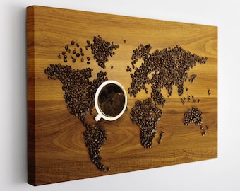 World Map From Coffee Beans Canvas Print, World Map Wall Art, Coffee Wall Art, Kitchen Wall Decor, World Map Canvas Art