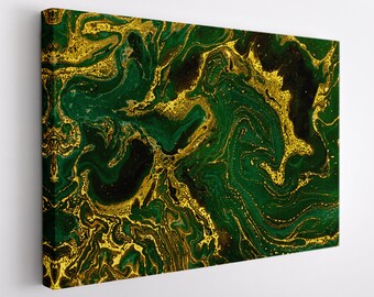 Abstract Canvas Print, Golden Waves Green Marble Canvas Art, Abstract Wall Art