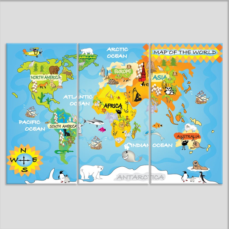 Kids World Map Canvas Print, World Map Wall Art, Children Room Wall