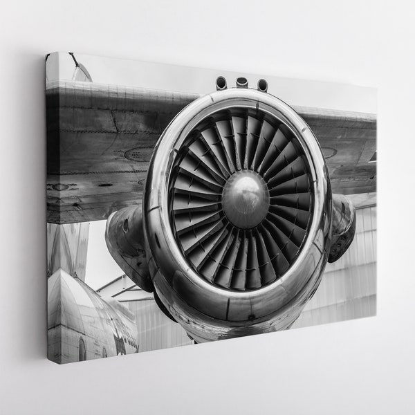 Impression sur toile de turbine d’avion, Art mural d’aviation, Cadeau de pilote, Grand art de toile de turbine noir et blanc