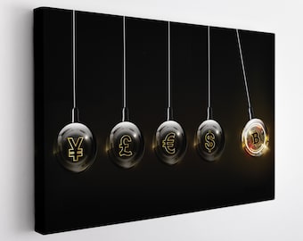 Peut inclure: Un berceau de Newton noir et or avec cinq sphères. Chaque sphère porte un symbole de monnaie différent : Yen, Livre, Euro, Dollar et Bitcoin. La sphère Bitcoin est incandescente.
