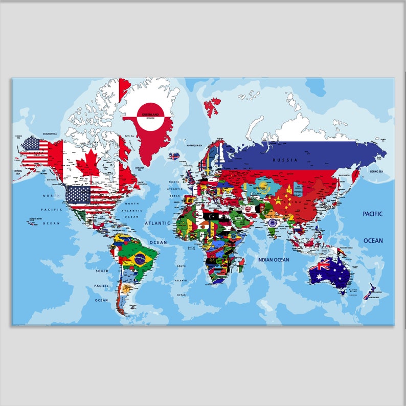World Map With Flags of the Countries Canvas Print, World Map Wall Art