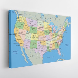 Impression détaillée de la toile de la carte des États-Unis, Art mural de la carte des États-Unis, Art de la toile de la carte des États-Unis