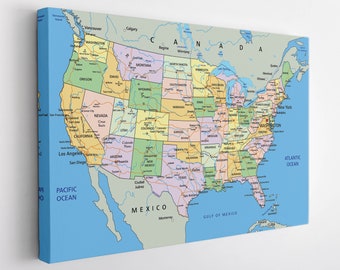 Detailed USA Map Canvas Print, USA Map Wall Art, USA Map Canvas Art