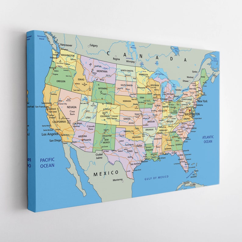 Detailed USA Map Canvas Print, USA Map Wall Art, USA Map Canvas Art Etsy