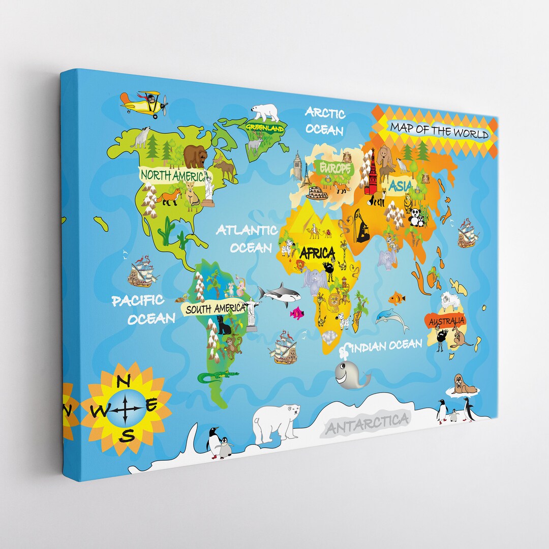 Kids World Map Canvas Print, World Map Wall Art, Children Room Wall ...