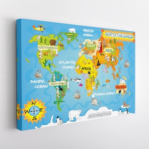 Kids Wereldkaart Canvas Print, Wereldkaart Kunst aan de Muur, Kinderkamer Wanddecoratie, Wereldkaart Canvas Kunst
