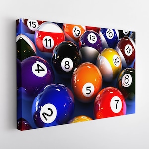 Op de afbeelding: Een groep biljartballen met de nummers 1 tot en met 15, gerangschikt op een blauwe vilt oppervlak. De ballen zijn in verschillende kleuren, waaronder rood, geel, oranje, blauw, paars en zwart.