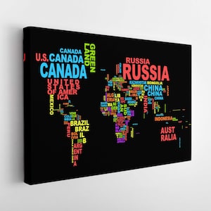 Wereldkaart met landnamen Canvas Print, Wereldkaart Kunst aan de muur, Wereldkaart Canvas Art