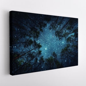 Night Sky Canvas Art, Night Forest Wall Art, Stars Over Forest Canvas Print, Nature Landscape Canvas Art