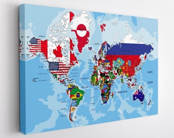 World Map With Flags Of The Countries Canvas Print, World Map Wall Art, World Map Canvas Art