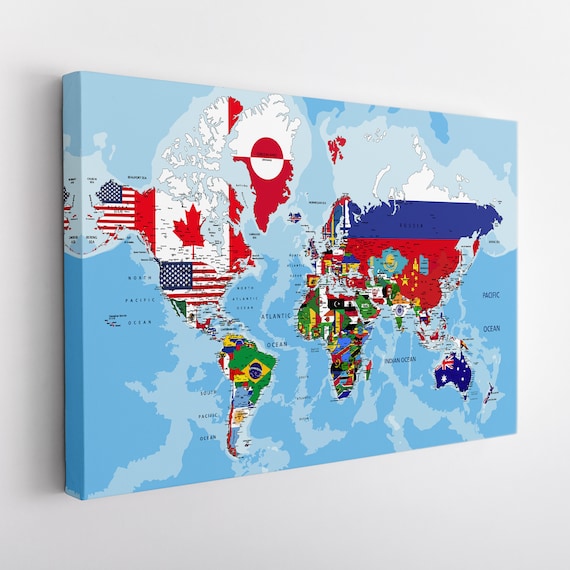 Weltkarte mit Flaggen der Länder Leinwanddruck, Weltkarte Wandkunst,  Weltkarte Leinwandkunst - Etsy Österreich