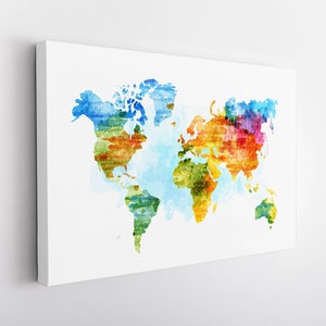 Wereldkaart Canvas Print, Wereldkaart Kunst aan de muur, Aquarel Wereldkaart Canvas Art