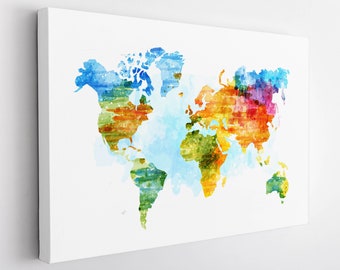 World Map Canvas Print, World Map Wall Art, Watercolor World Map Canvas Art
