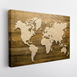 World Map Canvas Print, World Map Wall Art, Abstract Wood Style World Map Canvas Art