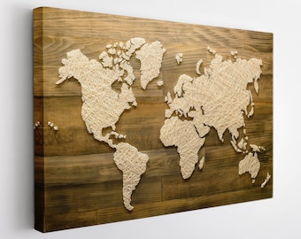World Map Canvas Print, World Map Wall Art, Abstract Wood Style World Map Canvas Art