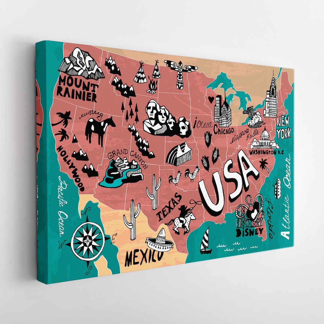 USA Map Canvas Print, USA Map Wall Art, USA Map Canvas Art Etsy