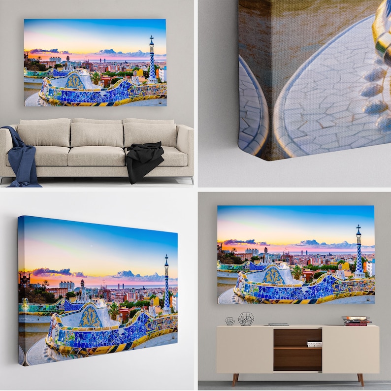 May include: A colorful mosaic park bench with a view of the city skyline at sunset. The bench is made of blue, yellow, and green tiles. The city skyline is in the background, with a pink and orange sky.