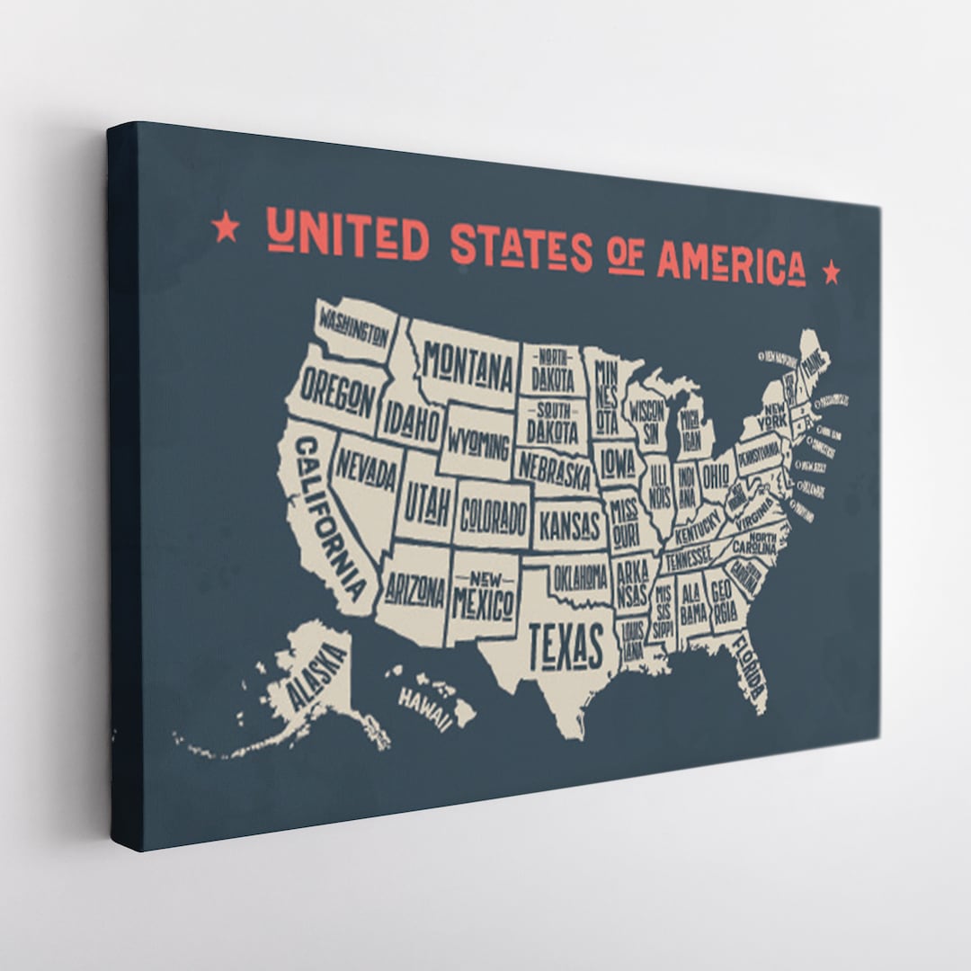 USA Map Canvas Print, USA Map Wall Art, Minimalist USA Map Canvas Art