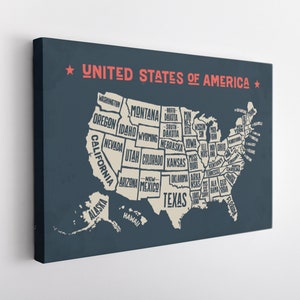 USA Map Canvas Print, USA Map Wall Art, Minimaliste USA Map Canvas Art
