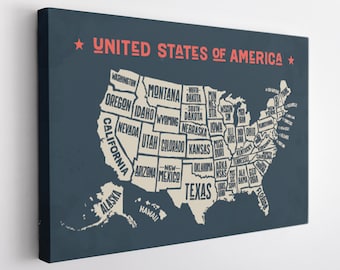 USA Map Canvas Print, USA Map Wall Art, Minimalist USA Map Canvas Art