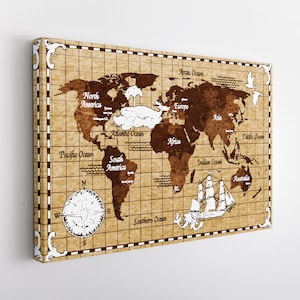Vintage World Map Canvas Print, World Map Wall Art, World Map Canvas Art
