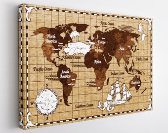 Vintage World Map Canvas Print, World Map Wall Art, World Map Canvas Art