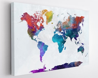 Watercolor World Map Canvas Print, World Map Wall Art, Minimalist World Map Canvas Art